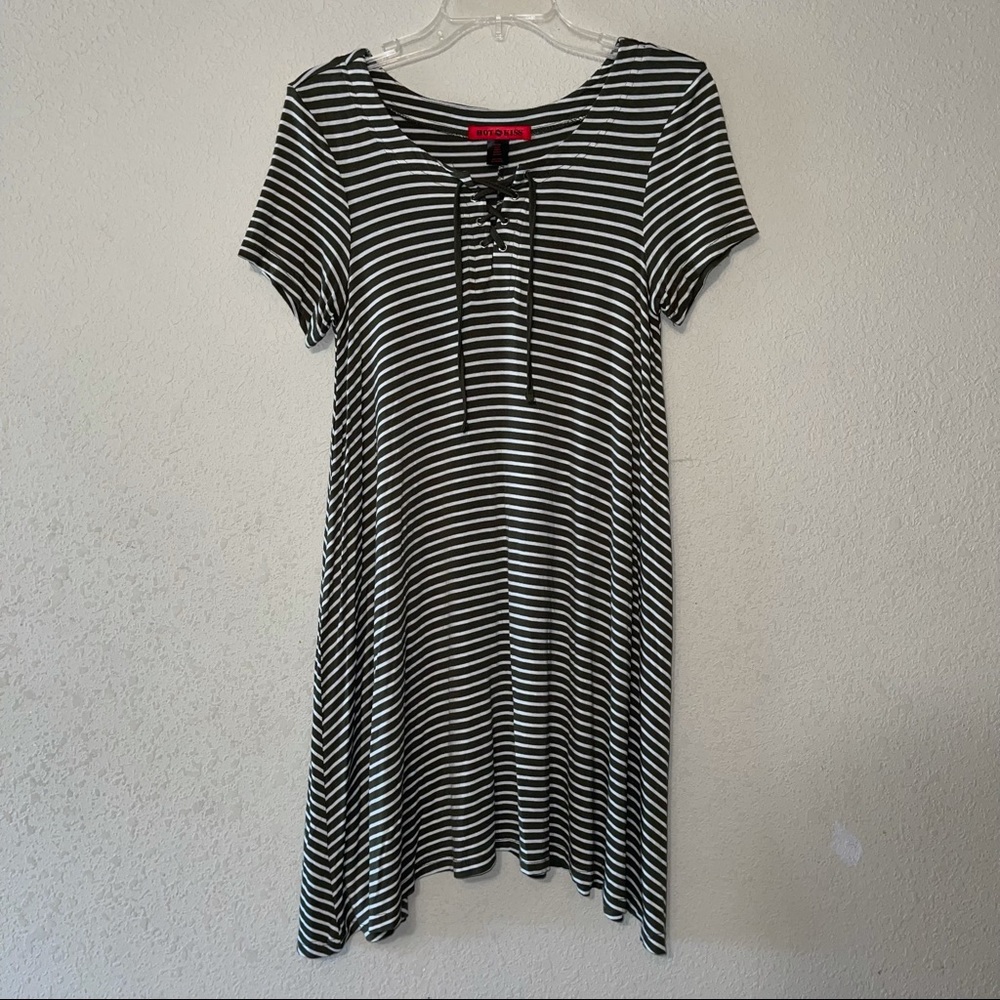 Hot Kiss olive green and white striped dress